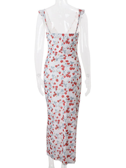 Vestido Maxi Maternidad Chic de Tirantes con Volantes y Estampado