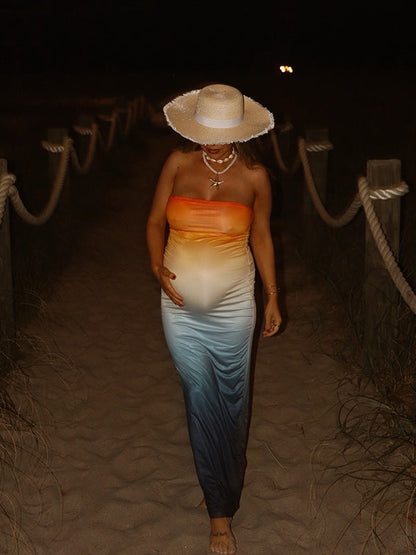 Vestido Maxi Elegante De Maternidad Con Abertura En La Espalda Y Bandeau