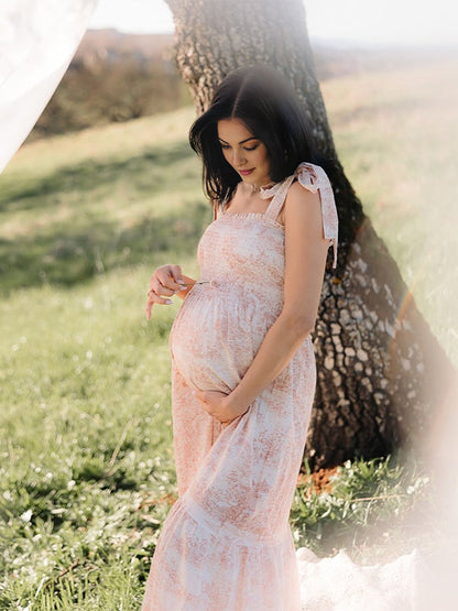 Vestido Maxi de Maternidad en Estampado Floral con Lazo Estilo Bohemio para Sesión de Fotos y Baby Shower