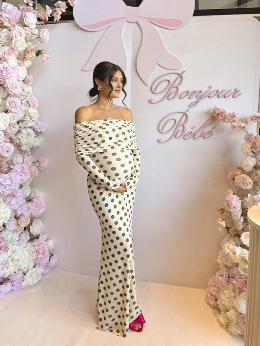 Vestido Maxi Maternidad con Lunares para Sesión de Fotos y Baby Shower