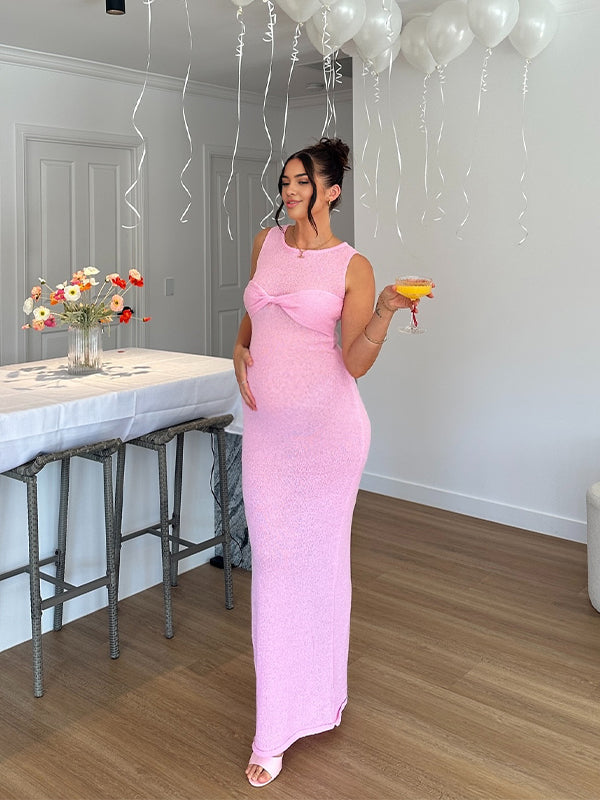 Vestido Maxi Maternidad de Tejer Transparente con Torcido para Fiesta de Revelación de Género