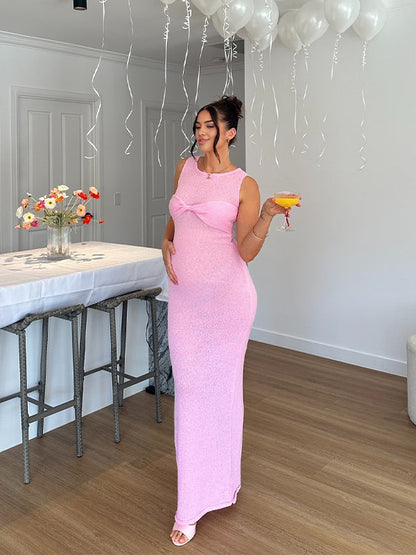 Vestido Maxi Maternidad de Tejer Transparente con Torcido para Fiesta de Revelación de Género
