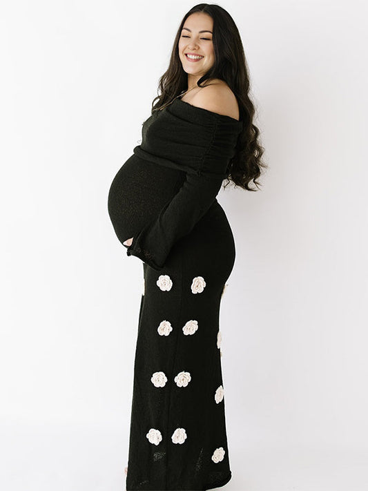 Vestido Maxi Maternidad con Flores 3D y Hombros Descubiertos para Sesión de Fotos