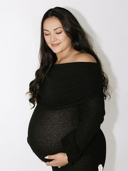 Vestido Maxi Maternidad con Flores 3D y Hombros Descubiertos para Sesión de Fotos