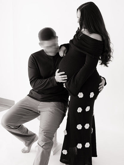 Vestido Maxi Maternidad con Flores 3D y Hombros Descubiertos para Sesión de Fotos
