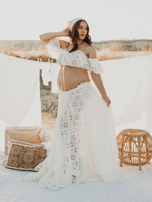 Vestido Maternidad Boho Flowy Cortado con Encaje y Volantes para Sesión de Fotos