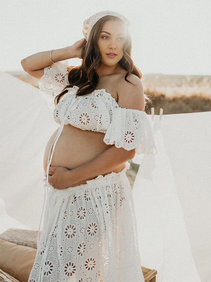 Vestido Maternidad Boho Flowy Cortado con Encaje y Volantes para Sesión de Fotos