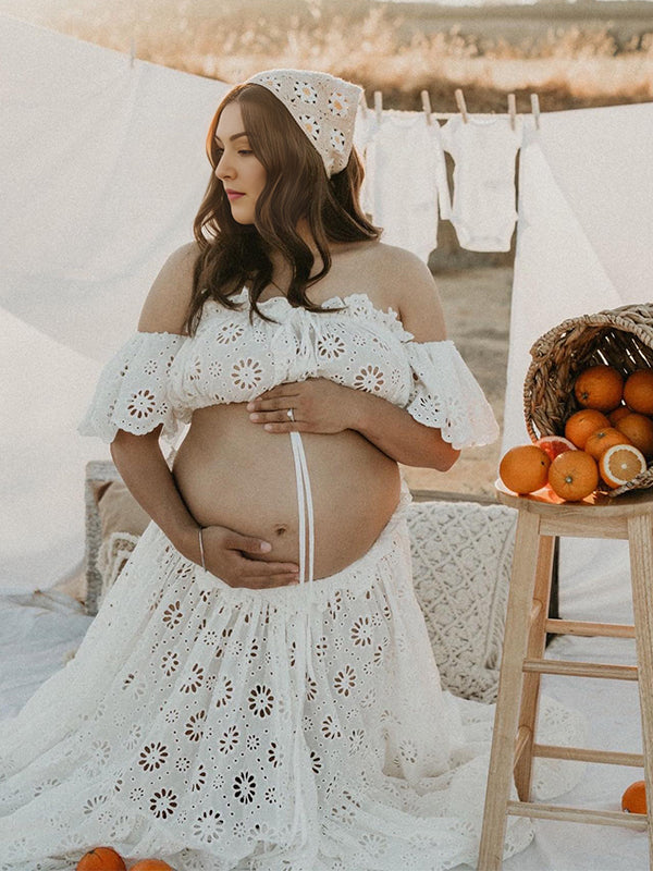 Vestido Maternidad Boho Flowy Cortado con Encaje y Volantes para Sesión de Fotos