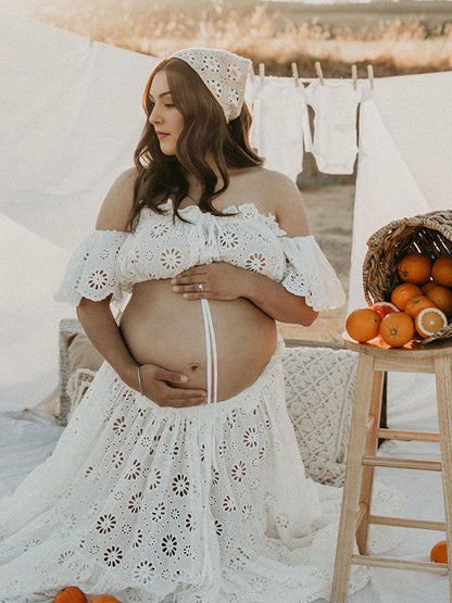 Vestido Maternidad Boho Flowy Cortado con Encaje y Volantes para Sesión de Fotos