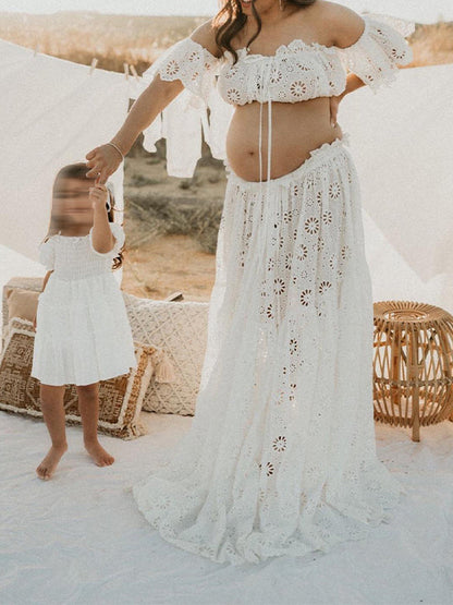 Vestido Maternidad Boho Flowy Cortado con Encaje y Volantes para Sesión de Fotos