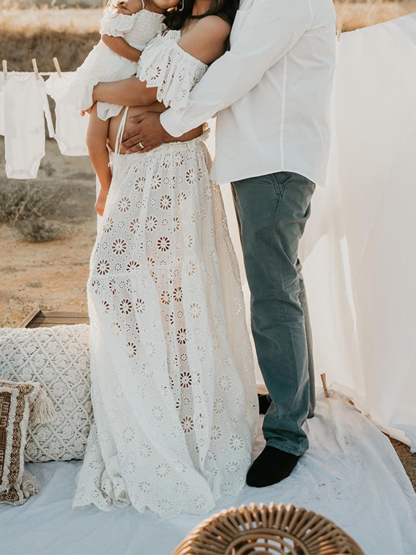 Vestido Maternidad Boho Flowy Cortado con Encaje y Volantes para Sesión de Fotos