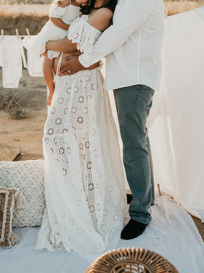 Vestido Maternidad Boho Flowy Cortado con Encaje y Volantes para Sesión de Fotos