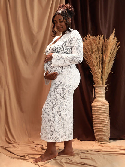 Vestido Maxi de Maternidad Encaje con Volantes Abertura para Sesión de Fotos