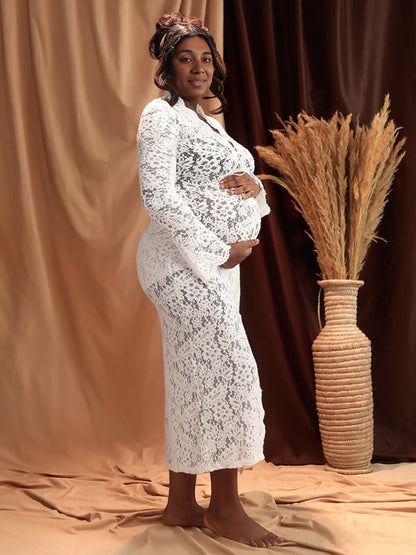 Vestido Maxi de Maternidad Encaje con Volantes Abertura para Sesión de Fotos