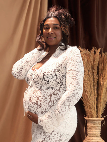 Vestido Maxi de Maternidad Encaje con Volantes Abertura para Sesión de Fotos
