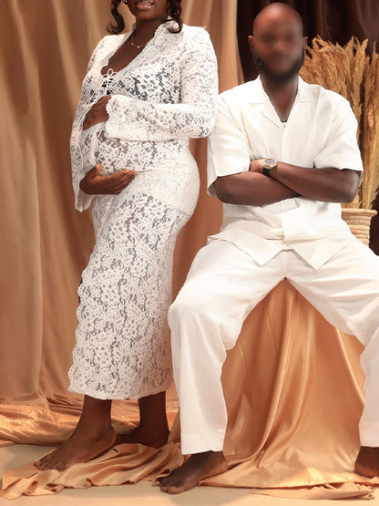 Vestido Maxi de Maternidad Encaje con Volantes Abertura para Sesión de Fotos