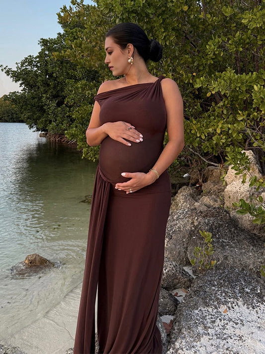 Vestido de Premamá con Un Hombro y Drapado para Sesiones de Fotos