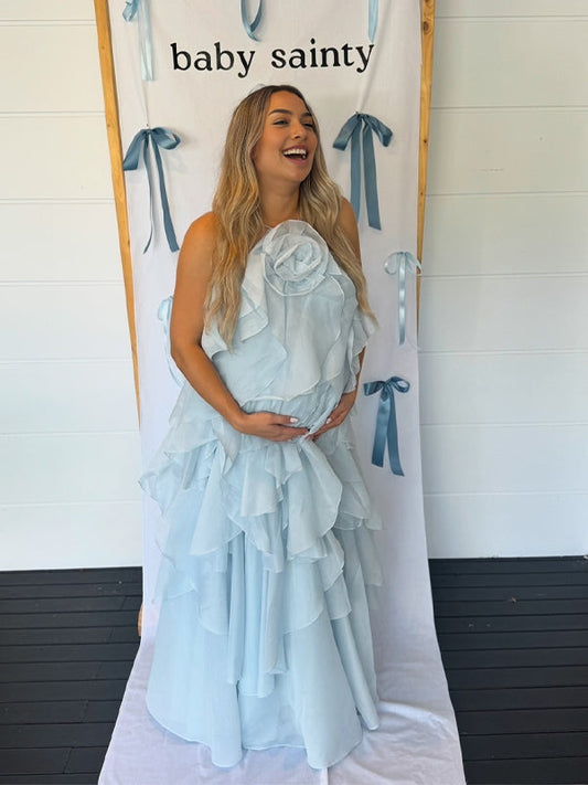 Vestido Maxi Maternidad sin Espalda con Volantes y Flores 3D para Baby Shower