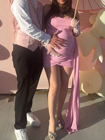 Vestido Mini de Maternidad Malla con Fruncido y Volantes para Baby Shower