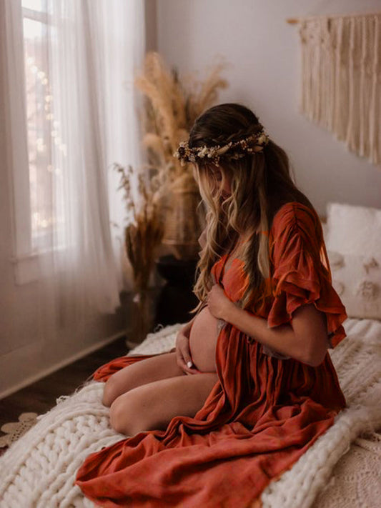 Rojo Cordón Un Solo Pecho Volantes Espalda Anudada Fotografía Maternidad Vestido Largo