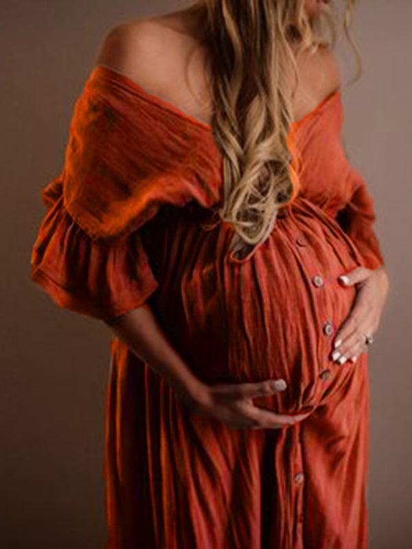 Rojo Cordón Un Solo Pecho Volantes Espalda Anudada Fotografía Maternidad Vestido Largo