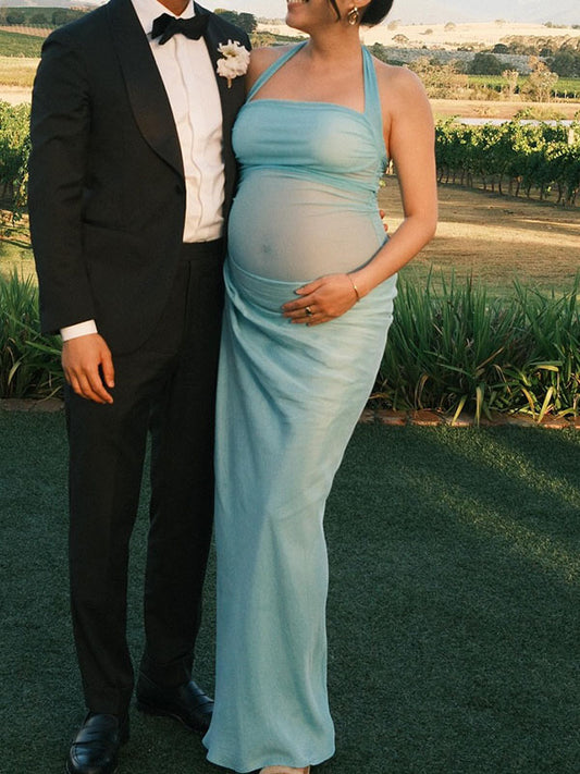 Escote halter Tul Satén Entallado Fiesta Elegante vestidos para embarazadas