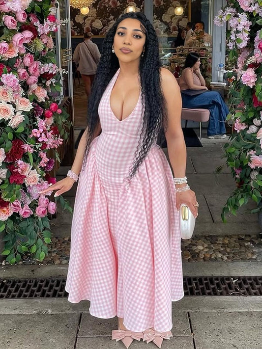 Cuello halter Falda amplia cuadros Fotografía Fiesta vestidos para embarazadas