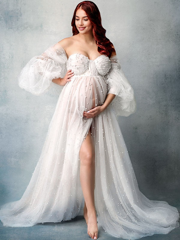 Tul Falda amplia Manga Globo Perlas vestidos para fotos de maternidad