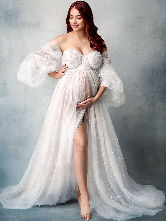 Tul Falda amplia Manga Globo Perlas vestidos para fotos de maternidad