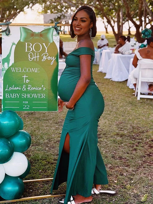 Vestido Para Embarazadas Con Cuello Bardot Entallado Abertura Fiesta