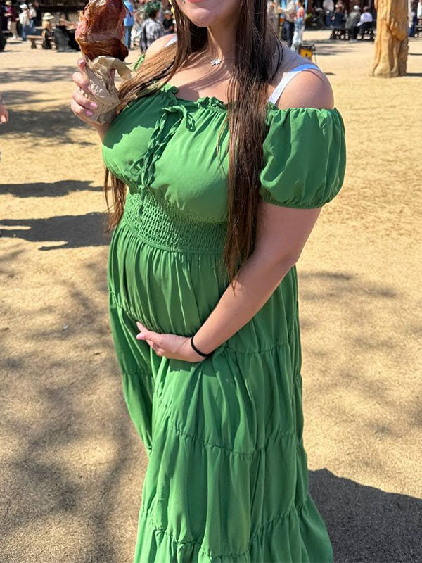 Hombros descubiertos Pliegue Cinturilla elástica Casual Diario vestidos para embarazadas