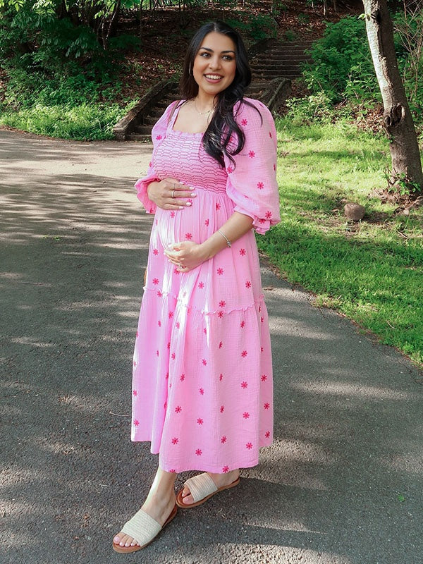 Manga Farol Pliegue Holgado Bordado Floreado Casual vestidos para embarazadas