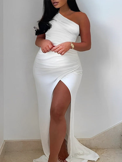 Blanco Irregular Volantes Hombros Descubiertos Abertura Elegante Ajustado Vestidos Para Baby Shower