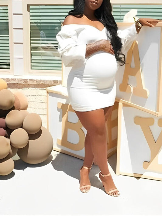 Blanco Hombros Descubiertos Espalda Descubierta Cuello En V Manga Farol Ajustado Elegante Vestidos Para Baby Shower