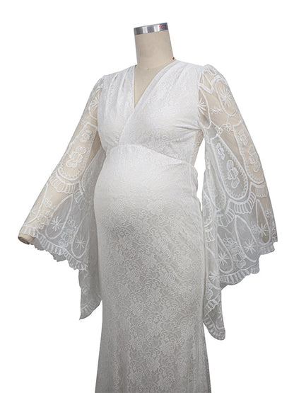 Blanco Encaje Trompeta Cuello en V Manga Murciélago Fotografía Maternidad Vestido Largo