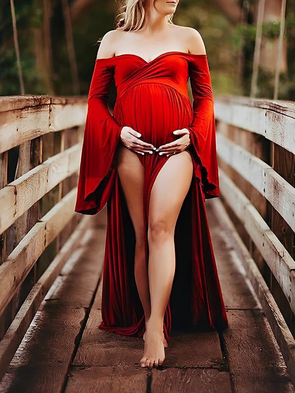 Vestido Largo de Maternidad  con Sin Hombros y Cuello En V Hendidura para Fiesta y Fotografía
