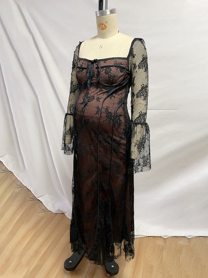 Vestido Largo De Maternidad Con Lazo De Encaje, Mangas Acampanadas Y Encaje Para Baby Shower