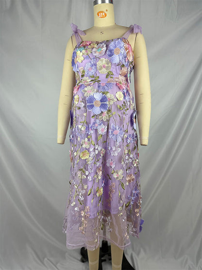 Vestido Maxi de Maternidad Flores Bordadas Tul Gasa para Baby Shower