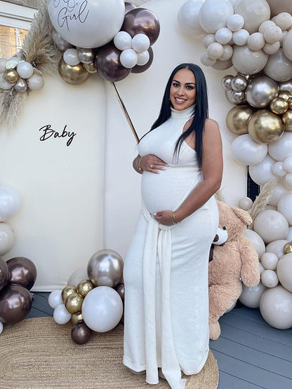 Vestido Chic Ajustado con Cuello Alto, Envolvente y Drapeado en Acanalado para Baby Shower