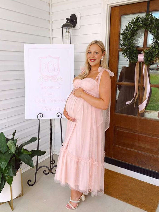 Rosa Tul Claro Lunares Volantes Tirantes Finos Con Lazo Bajo Evasé Vestido De Princesa Vestidos Para Baby Shower