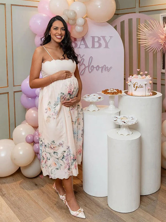 Tirantes Borde Ondulado Sin Espalda Recorte Imprimir Salir Batas Bonito Maxivestido De Maternidad Para Baby Shower