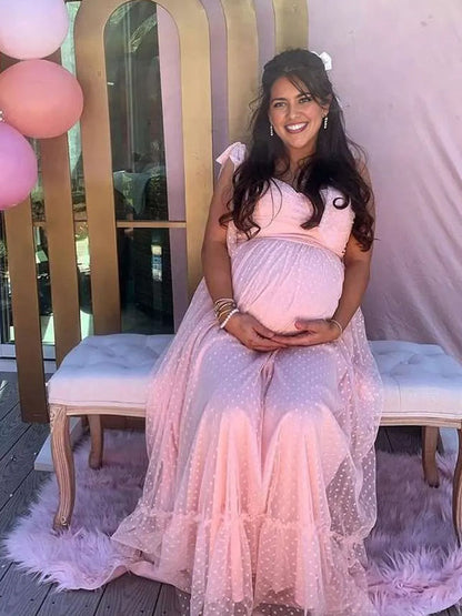 Rosa Tul Claro Lunares Volantes Tirantes Finos Con Lazo Bajo Evasé Vestido De Princesa Vestidos Para Baby Shower