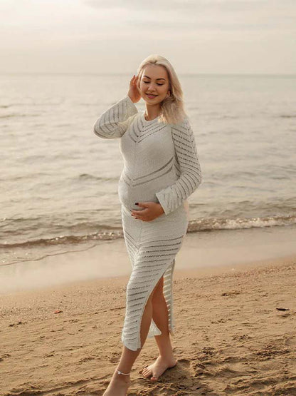Vestido Maxi Maternidad con Corte y Transparencias a Rayas para Sesión de Fotos