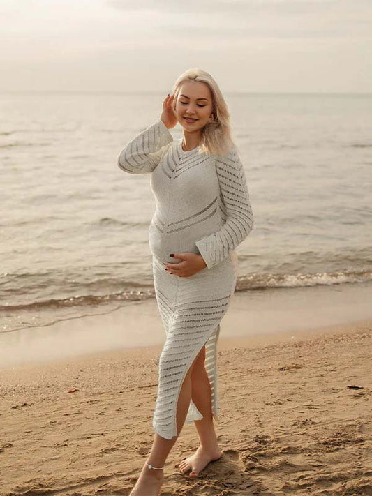 Vestido Maxi Maternidad con Corte y Transparencias a Rayas para Sesión de Fotos