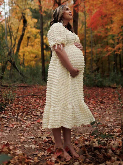 Vestido Maxi Maternidad Elegante con Fruncido y Manga Abullonada para Fiesta Fotos