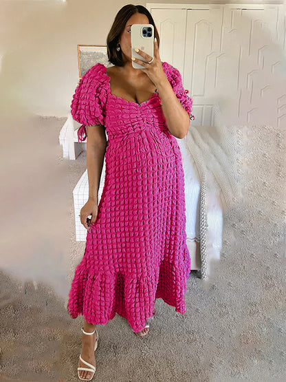 Vestido Maxi Maternidad Elegante con Fruncido y Manga Abullonada para Fiesta Fotos
