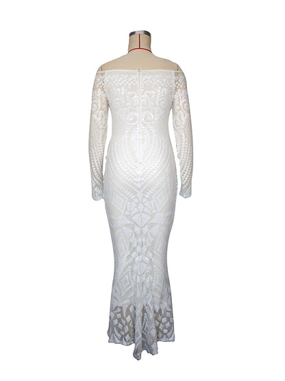 Blanco Encaje Lentejuelas Hombros Descubiertos Sirena Vestido De Novia Baby Shower Elegante Formal Vestidos De Foto De Maternidad