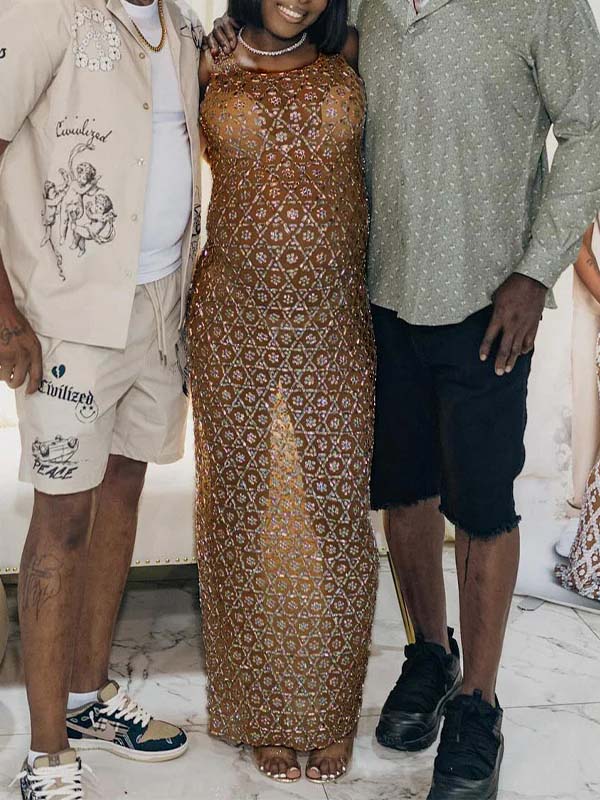 Vestido Maxi Maternidad con Abertura Lateral y Malla Transparente para Baby Shower