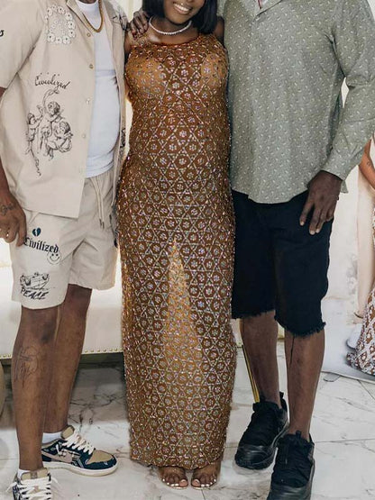 Vestido Maxi Maternidad con Abertura Lateral y Malla Transparente para Baby Shower