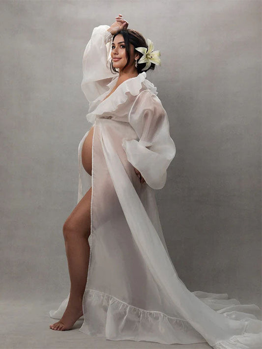 Vestido Largo De Maternidad Con Volantes, Abertura Y Mangas Farol Para Sesión De Fotos
